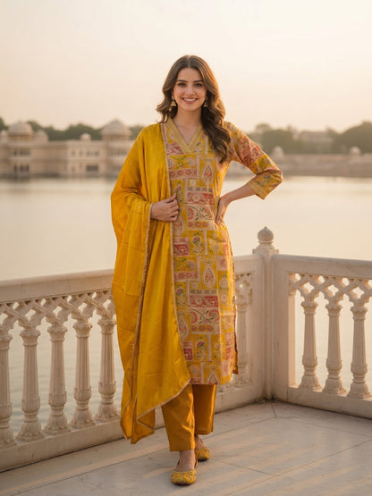 Ethnic Floral Printed & Embroidered Straight Kurta with Pant & Dupatta - Yellow