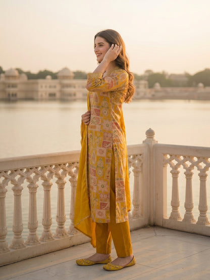 Ethnic Floral Printed & Embroidered Straight Kurta with Pant & Dupatta - Yellow
