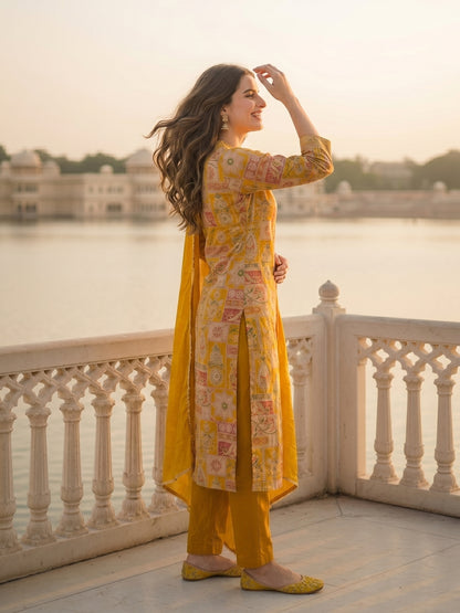 Ethnic Floral Printed & Embroidered Straight Kurta with Pant & Dupatta - Yellow