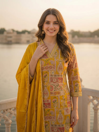 Ethnic Floral Printed & Embroidered Straight Kurta with Pant & Dupatta - Yellow