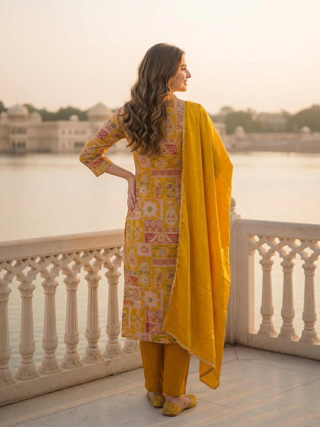 Ethnic Floral Printed & Embroidered Straight Kurta with Pant & Dupatta - Yellow