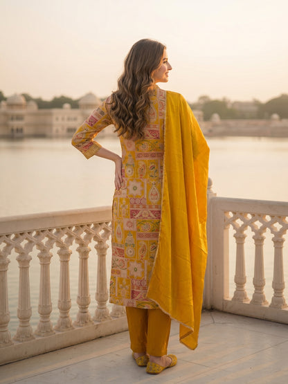 Ethnic Floral Printed & Embroidered Straight Kurta with Pant & Dupatta - Yellow
