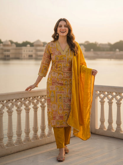Ethnic Floral Printed & Embroidered Straight Kurta with Pant & Dupatta - Yellow
