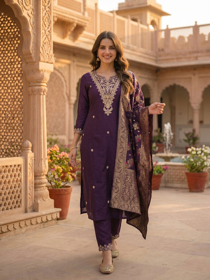 Solid Embroidered Straight Kurta with Pant & Dupatta - Purple