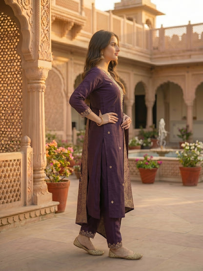 Solid Embroidered Straight Kurta with Pant & Dupatta - Purple