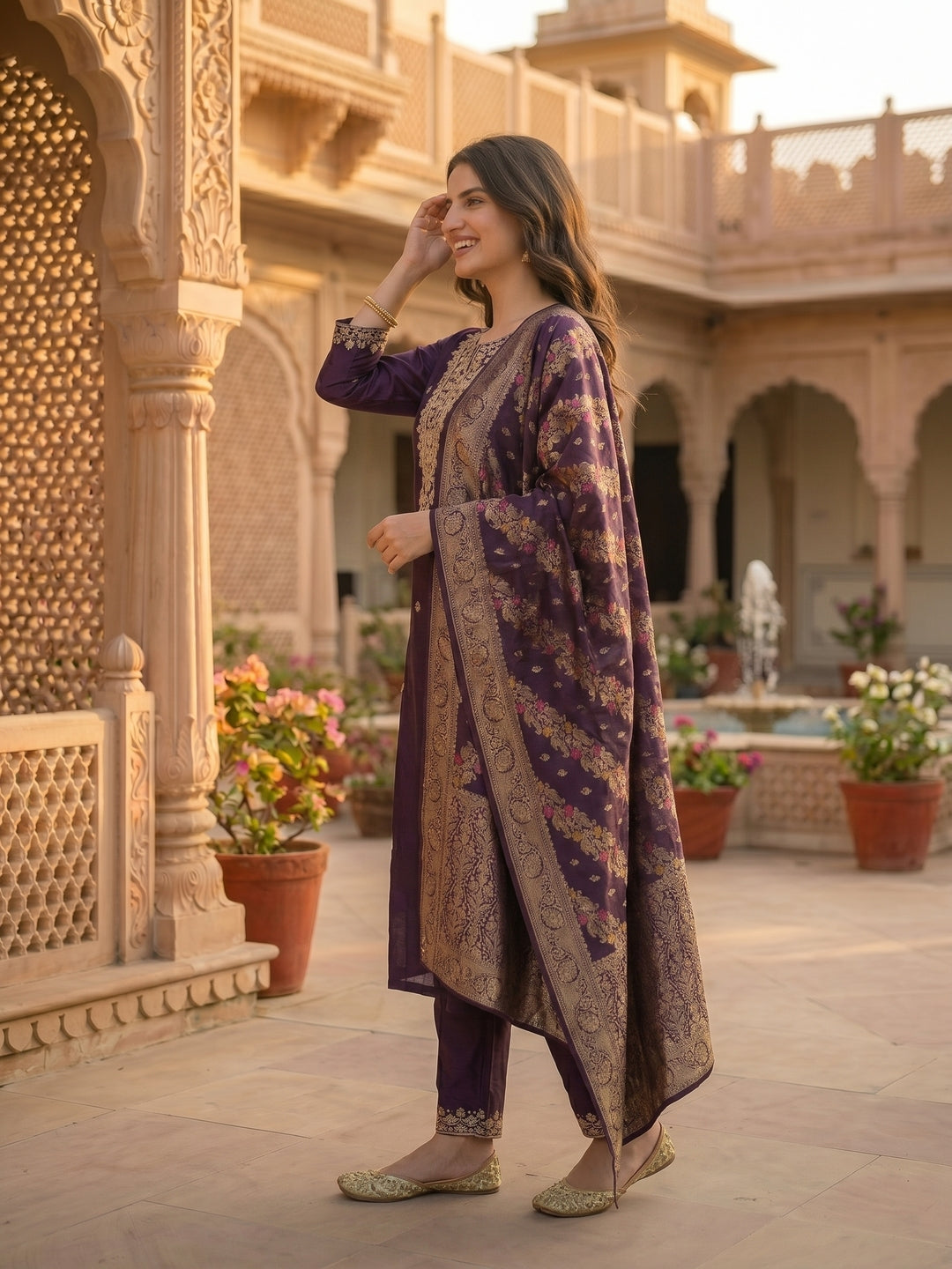 Solid Embroidered Straight Kurta with Pant & Dupatta - Purple