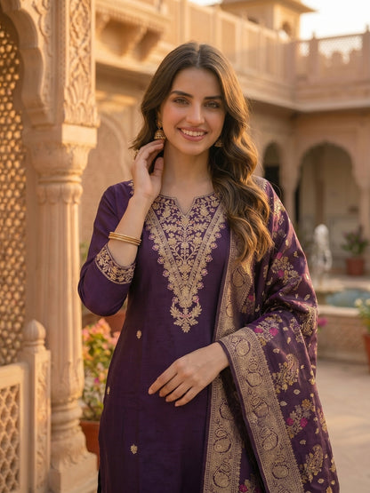 Solid Embroidered Straight Kurta with Pant & Dupatta - Purple