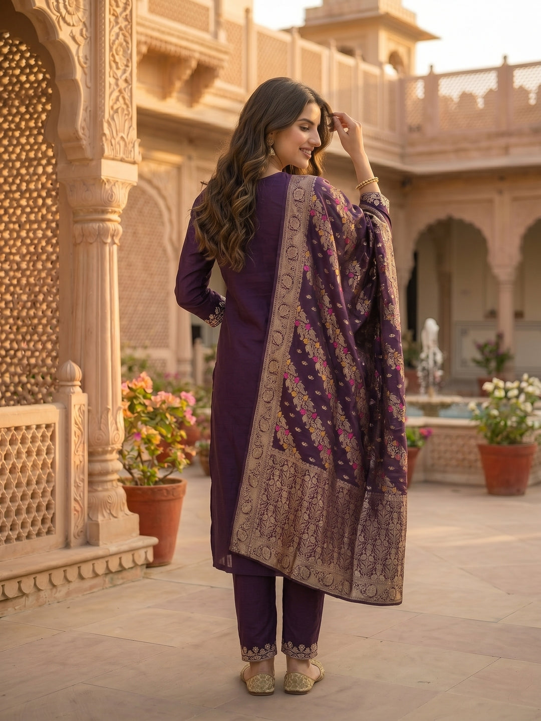 Solid Embroidered Straight Kurta with Pant & Dupatta - Purple