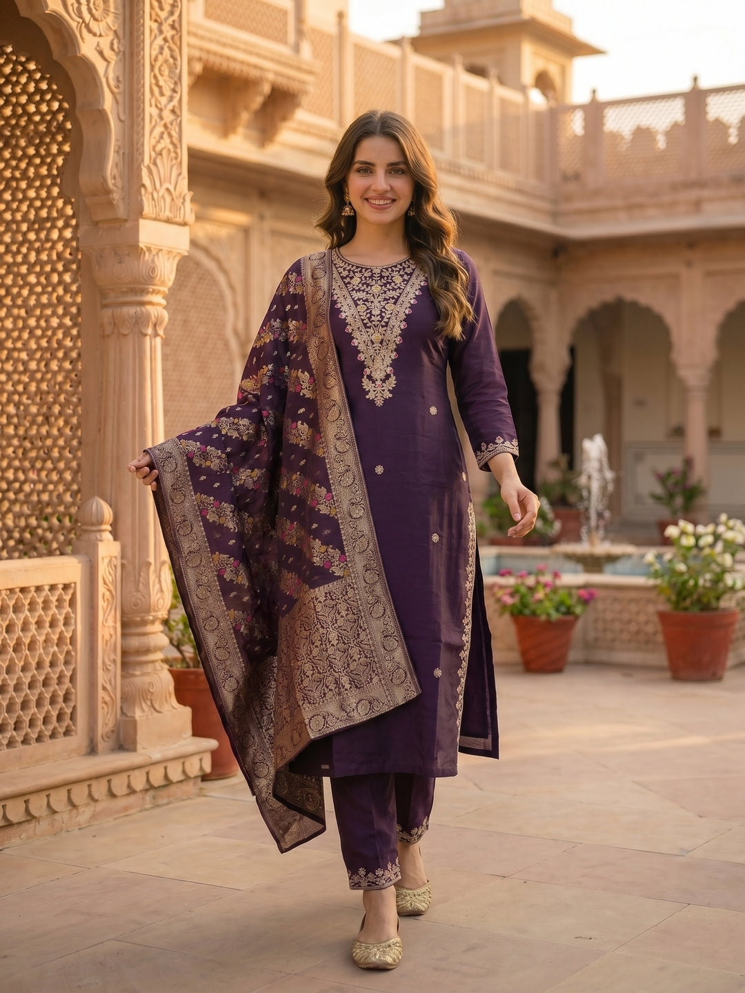 Solid Embroidered Straight Kurta with Pant & Dupatta - Purple