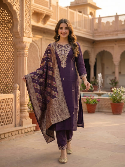 Solid Embroidered Straight Kurta with Pant & Dupatta - Purple