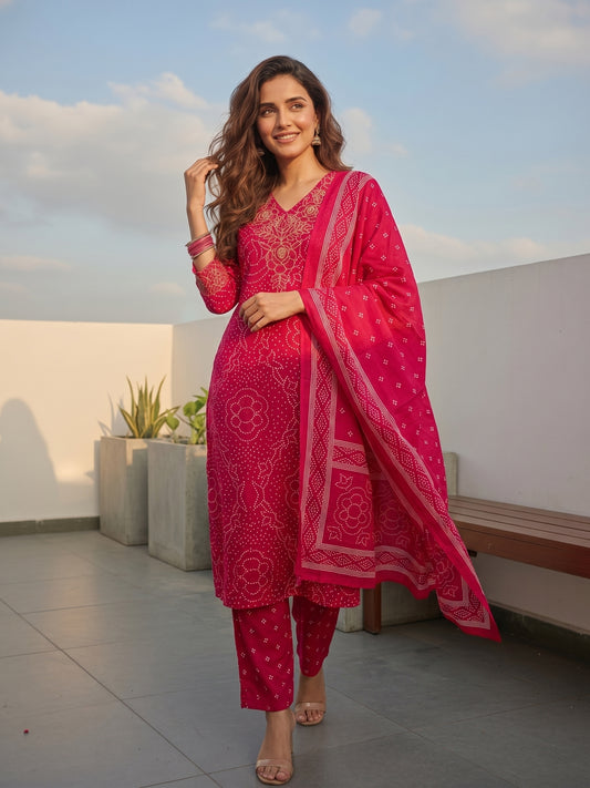 Ethnic Printed & Embellished Neckline Straight Kurta with Pant & Dupatta - Rani Pink