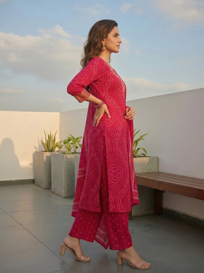Ethnic Printed & Embellished Neckline Straight Kurta with Pant & Dupatta - Rani Pink