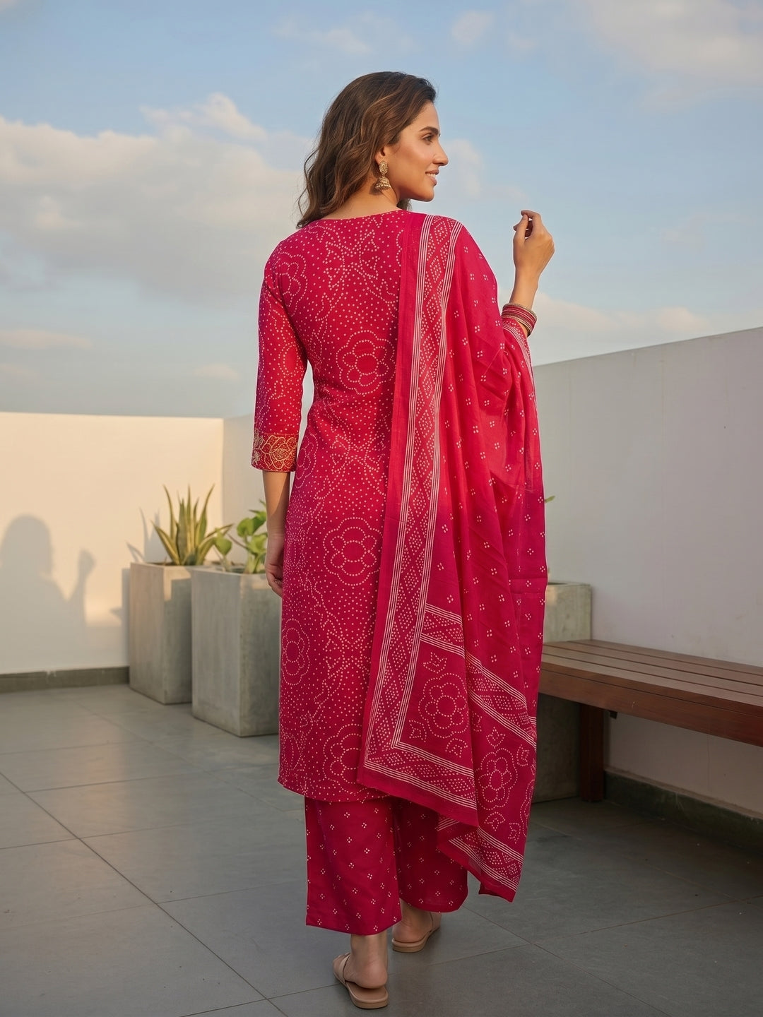 Ethnic Printed & Embellished Neckline Straight Kurta with Pant & Dupatta - Rani Pink
