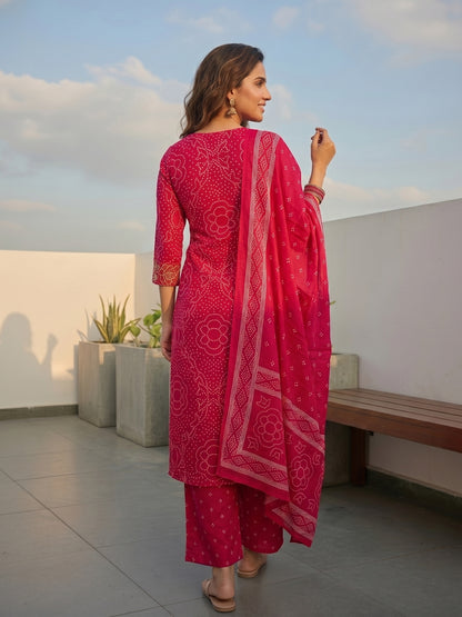Ethnic Printed & Embellished Neckline Straight Kurta with Pant & Dupatta - Rani Pink