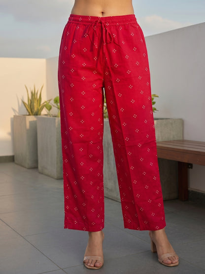 Ethnic Printed & Embellished Neckline Straight Kurta with Pant & Dupatta - Rani Pink
