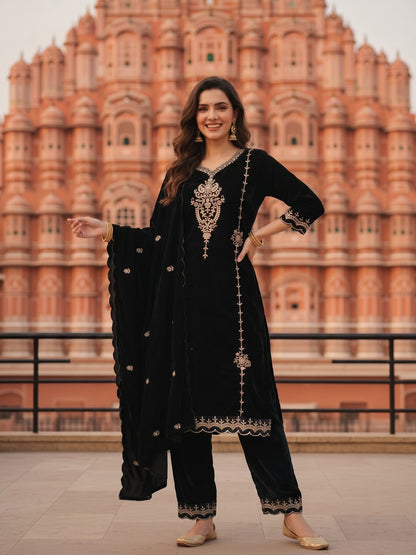 Solid Zari Work A-Line Velvet Kurta & Palazzo & Dupatta - Black