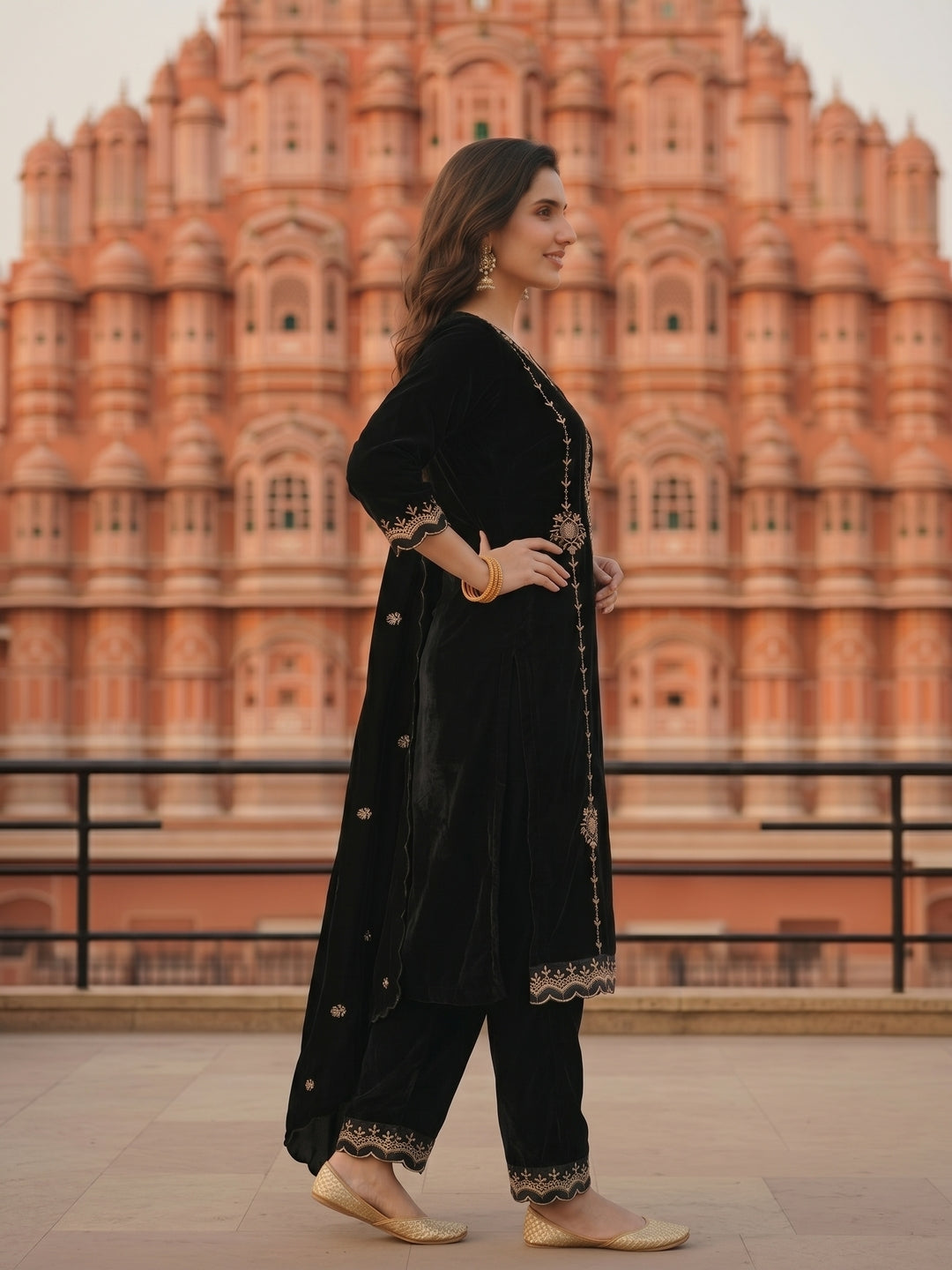 Solid Zari Work A-Line Velvet Kurta & Palazzo & Dupatta - Black