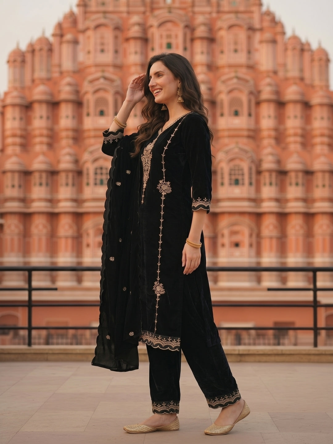 Solid Zari Work A-Line Velvet Kurta & Palazzo & Dupatta - Black