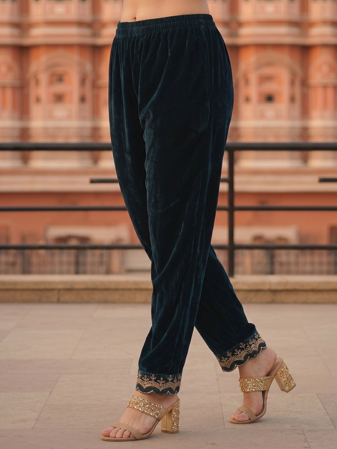Solid Zari Work A-Line Velvet Kurta & Palazzo & Dupatta - Black