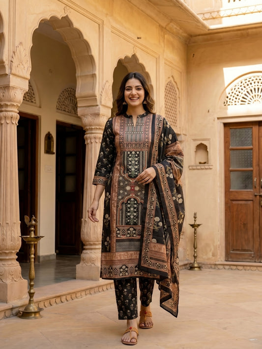 Ethnic Printed & Embroidered Straight Kurta with Pant & Dupatta - Black
