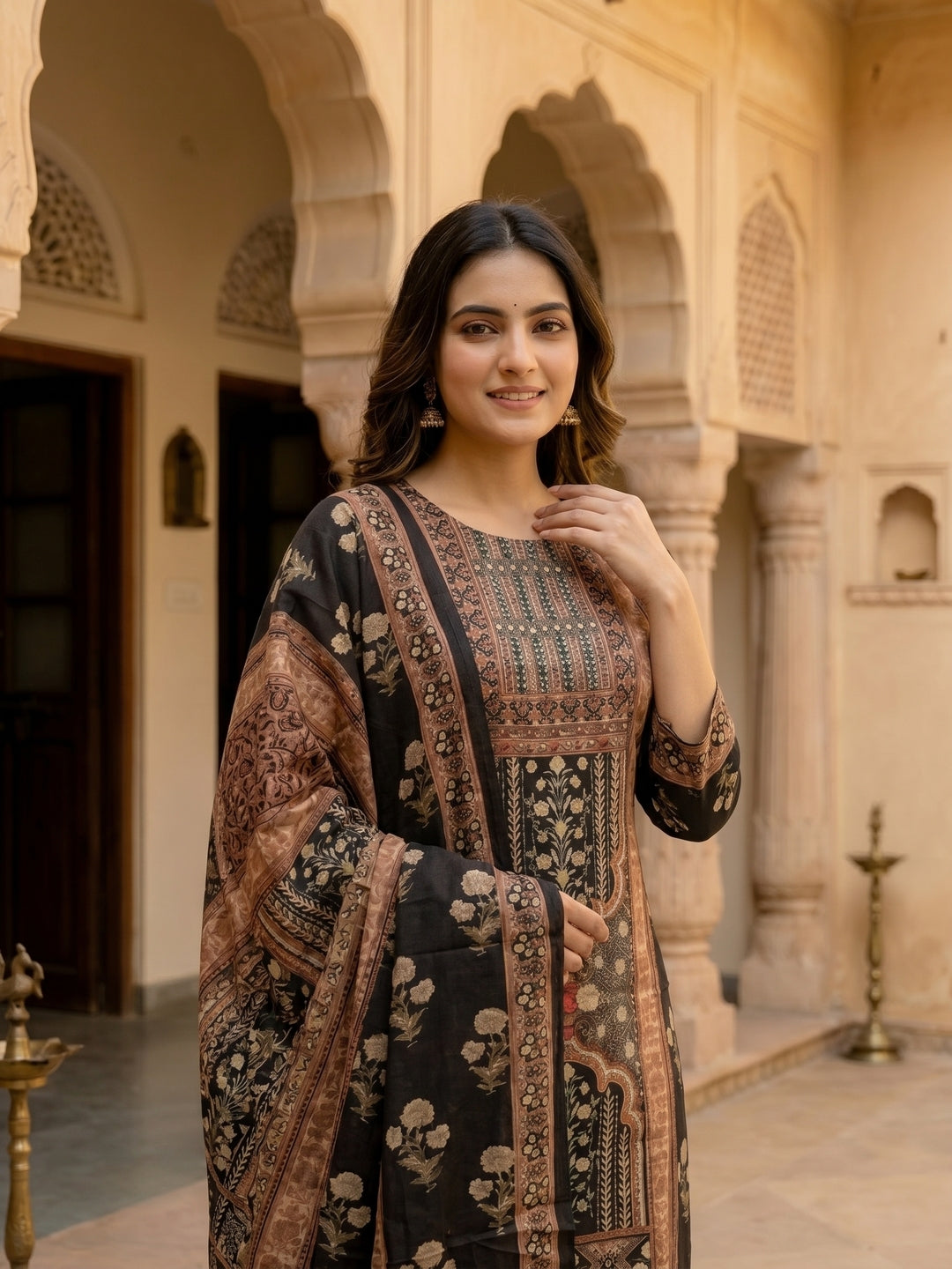 Ethnic Printed & Embroidered Straight Kurta with Pant & Dupatta - Black