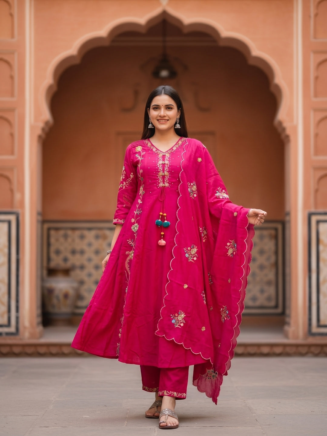 Rani Solid Floral Embroidered Anarkali with Palazzo & Scalloped Dupatta