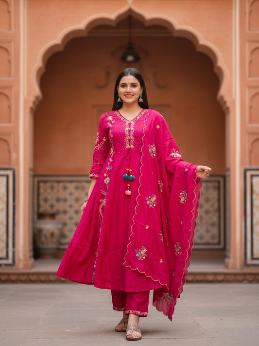 Rani Solid Floral Embroidered Anarkali with Palazzo & Scalloped Dupatta