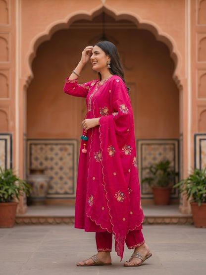 Rani Solid Floral Embroidered Anarkali with Palazzo & Scalloped Dupatta