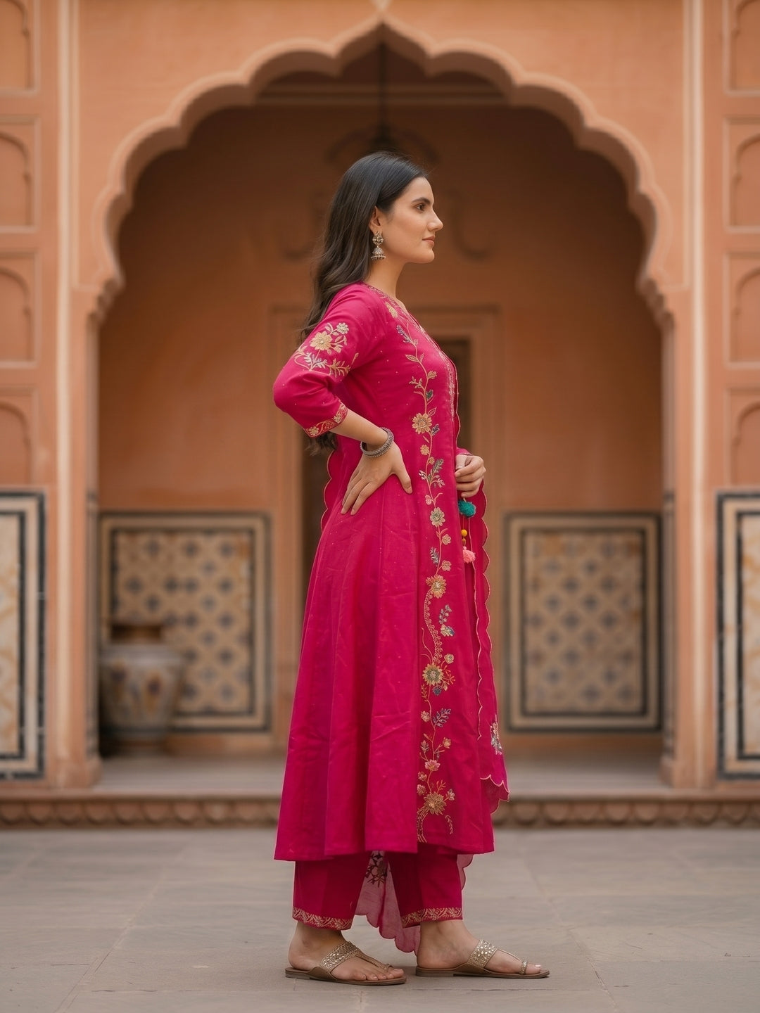 Rani Solid Floral Embroidered Anarkali with Palazzo & Scalloped Dupatta