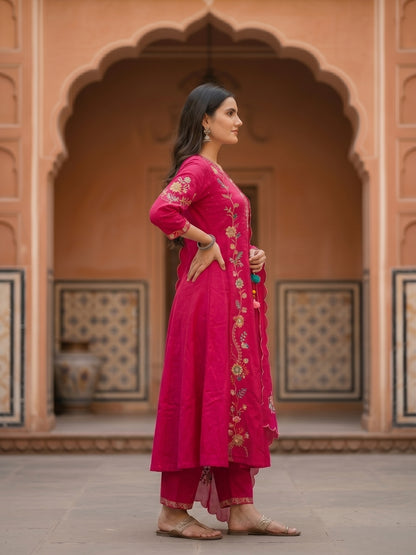 Rani Solid Floral Embroidered Anarkali with Palazzo & Scalloped Dupatta