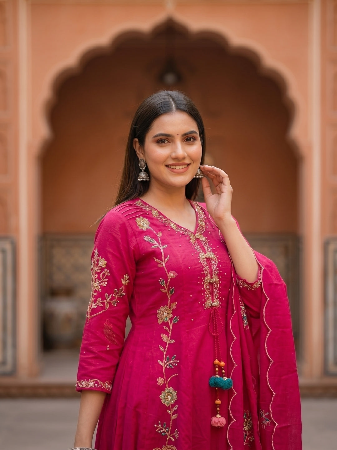 Rani Solid Floral Embroidered Anarkali with Palazzo & Scalloped Dupatta