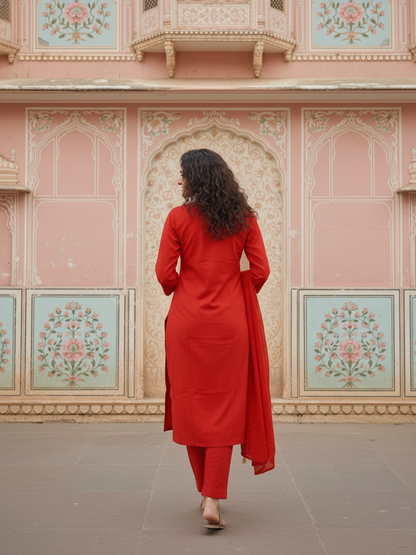 Solid Embroidered Straight Kurta with Pant & Dupatta - Rust