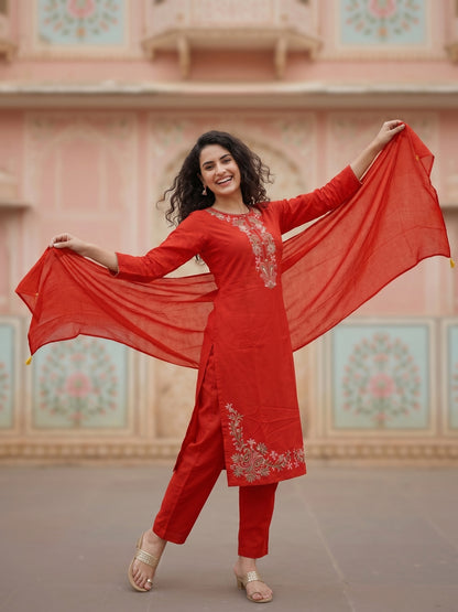 Solid Embroidered Straight Kurta with Pant & Dupatta - Rust