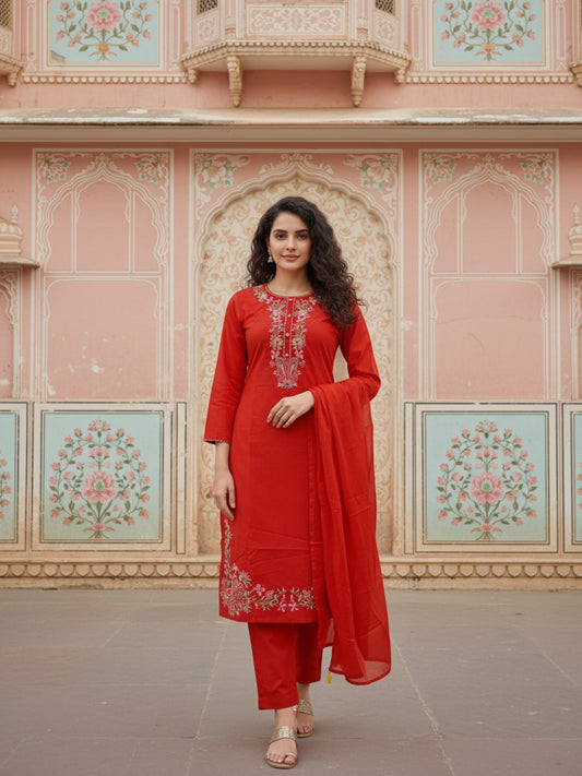 Solid Embroidered Straight Kurta with Pant & Dupatta - Rust