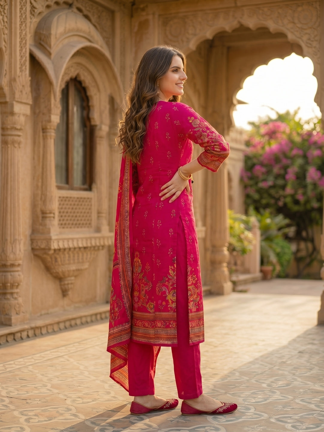 Ethnic Printed & Embroidered Straight Kurta with Pant & Dupatta - Rani