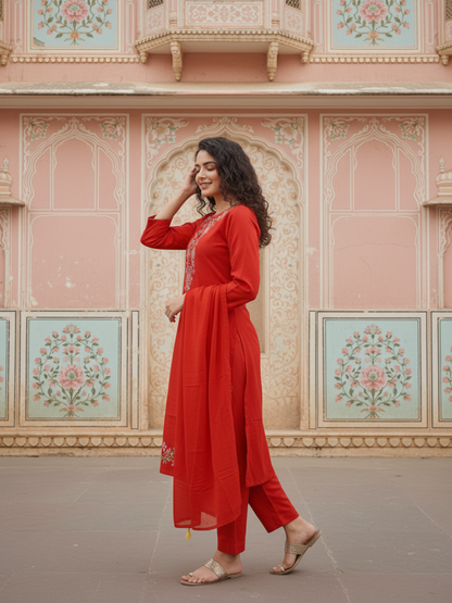 Solid Embroidered Straight Kurta with Pant & Dupatta - Rust