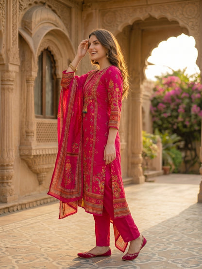 Ethnic Printed & Embroidered Straight Kurta with Pant & Dupatta - Rani