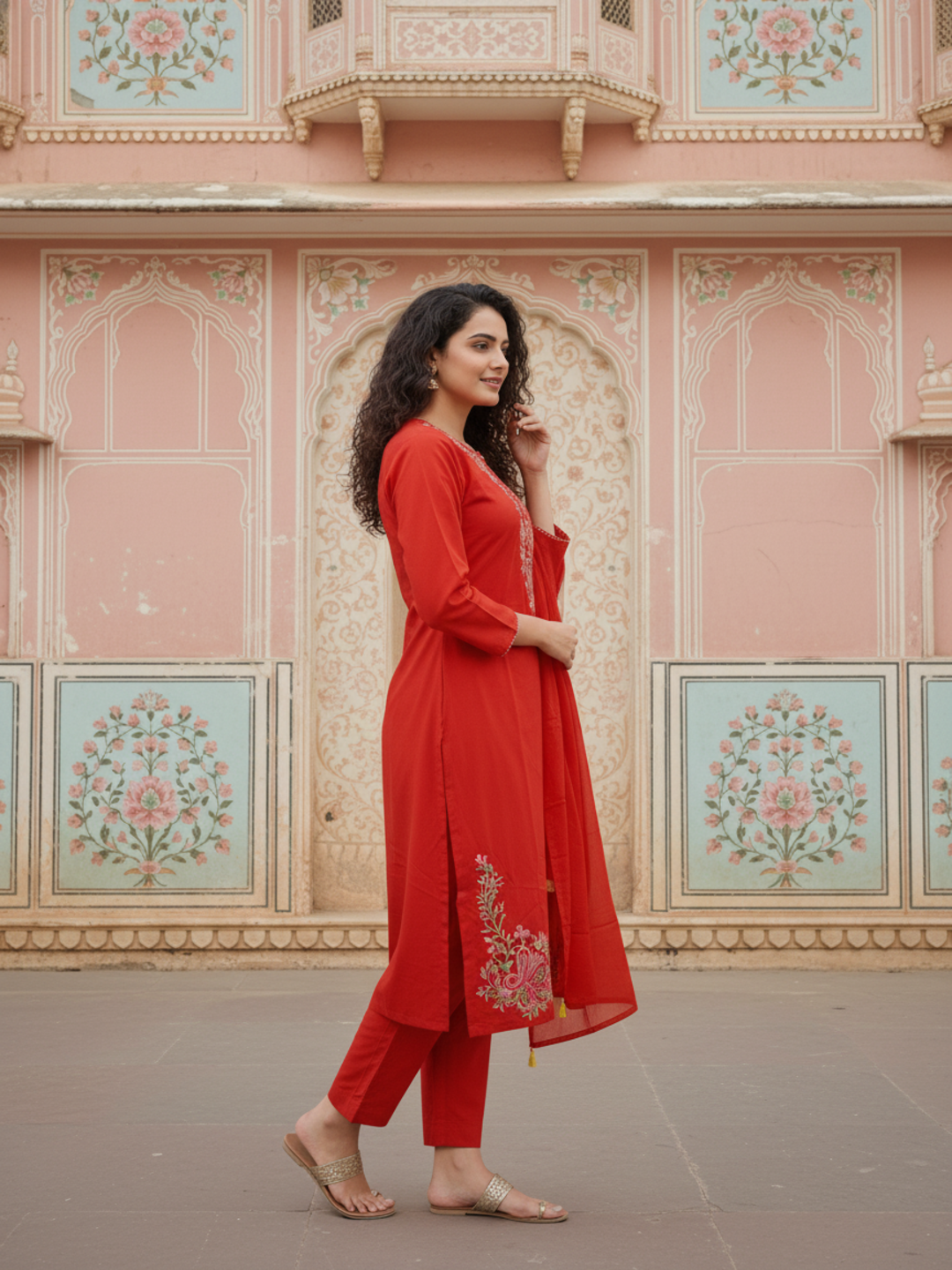 Solid Embroidered Straight Kurta with Pant & Dupatta - Rust