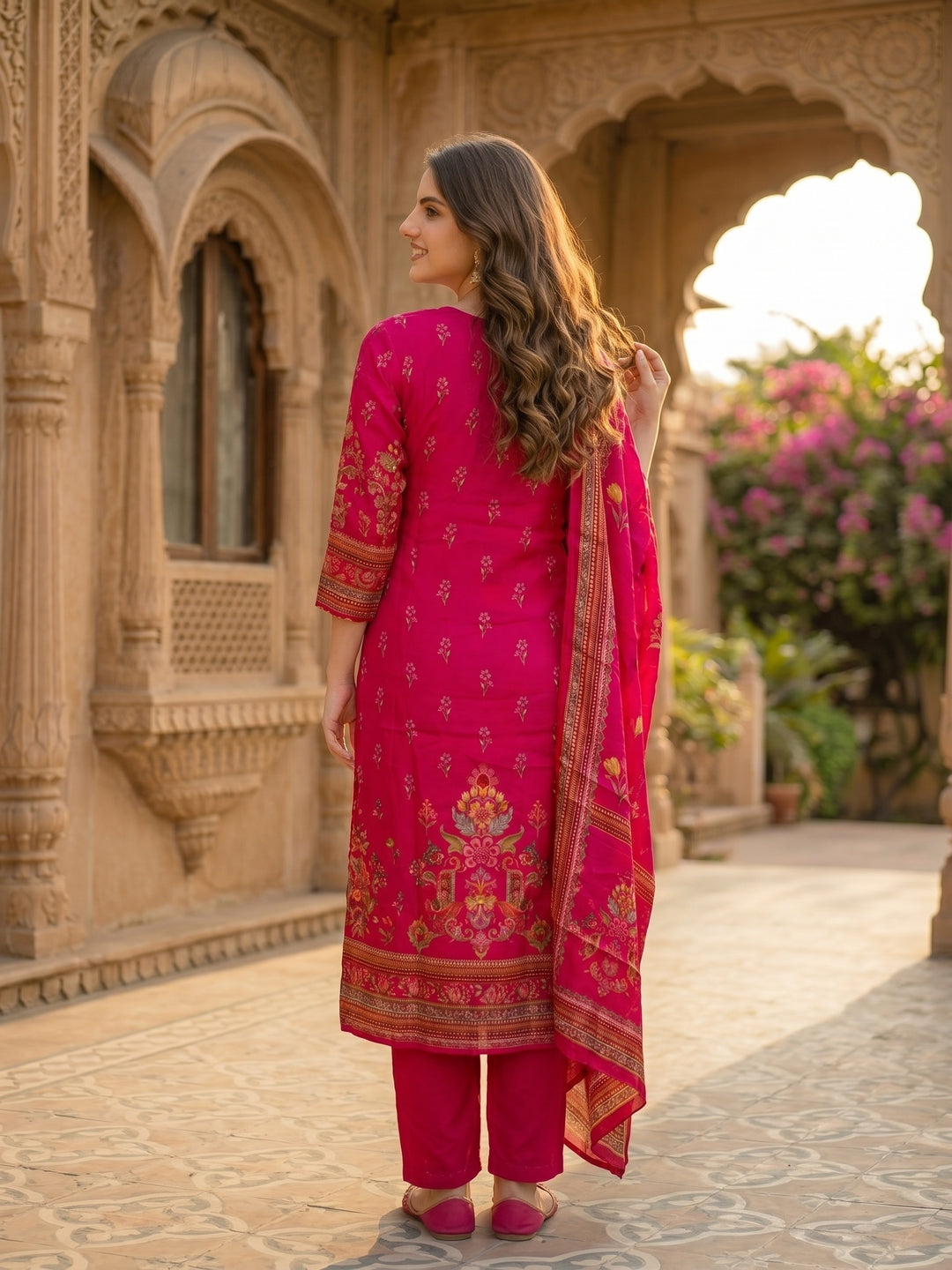 Ethnic Printed & Embroidered Straight Kurta with Pant & Dupatta - Rani