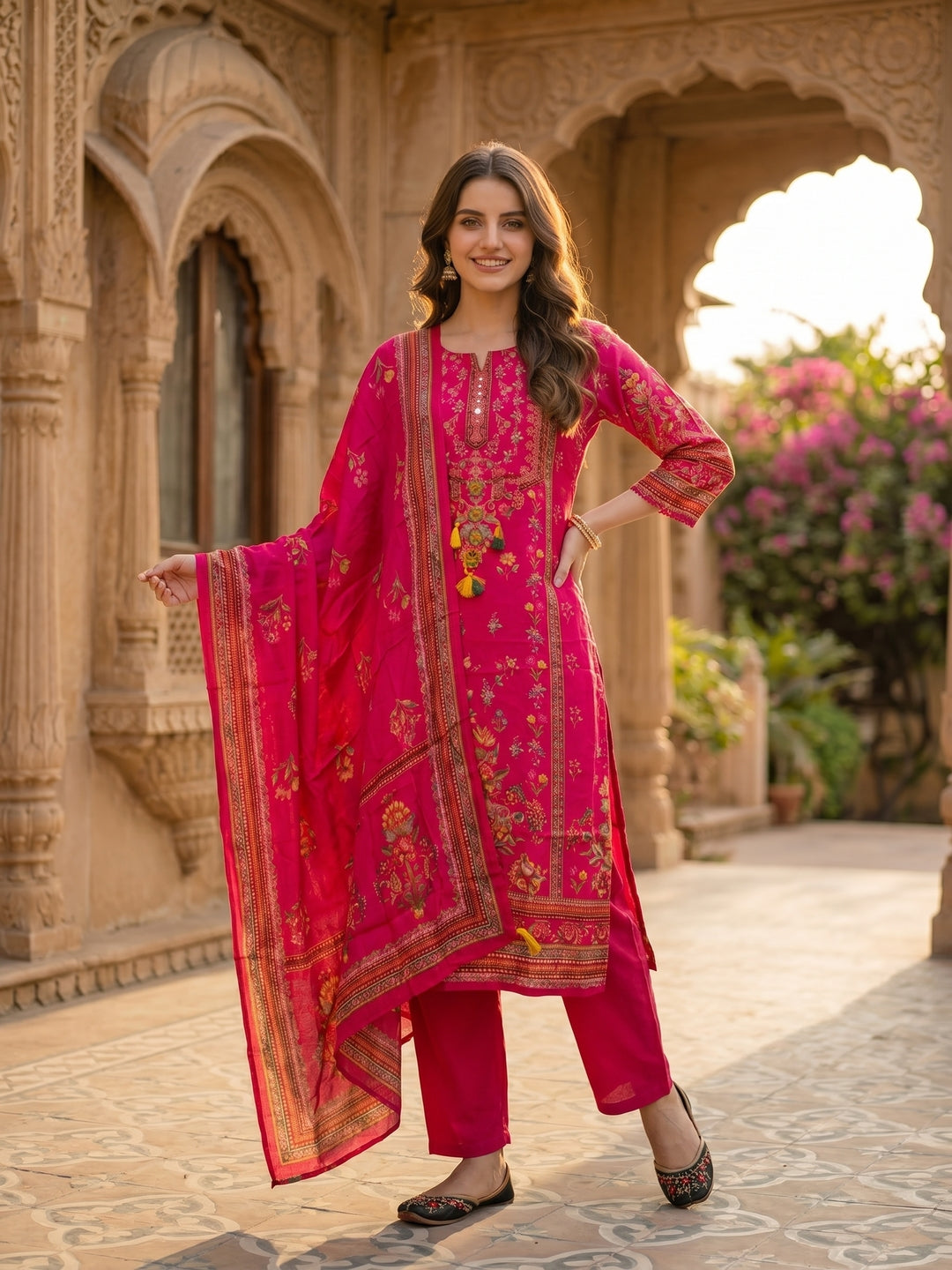 Ethnic Printed & Embroidered Straight Kurta with Pant & Dupatta - Rani