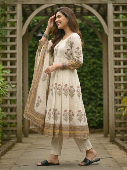 Floral Block Printed Anarkali Kurta with Pant & Dupatta - Cream