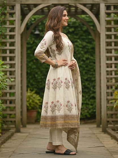 Floral Block Printed Anarkali Kurta with Pant & Dupatta - Cream