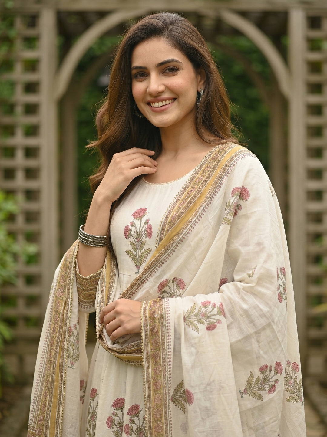 Floral Block Printed Anarkali Kurta with Pant & Dupatta - Cream