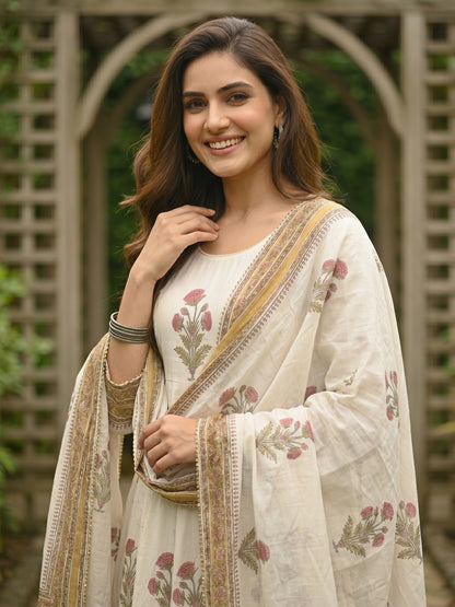 Floral Block Printed Anarkali Kurta with Pant & Dupatta - Cream