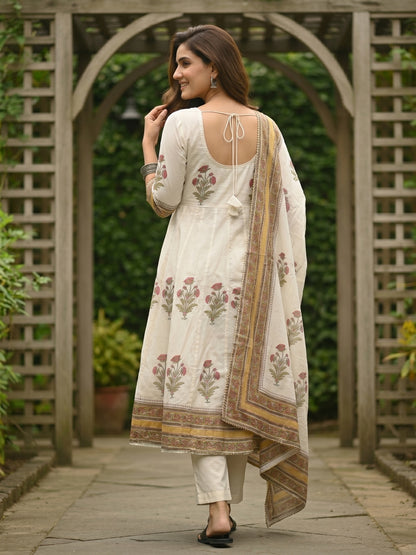 Floral Block Printed Anarkali Kurta with Pant & Dupatta - Cream