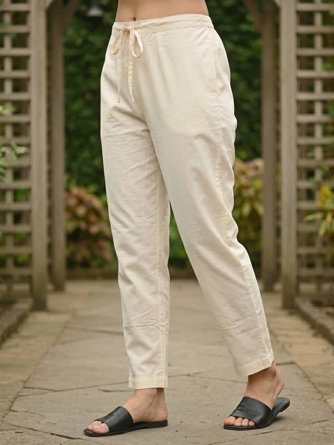 Floral Block Printed Anarkali Kurta with Pant & Dupatta - Cream