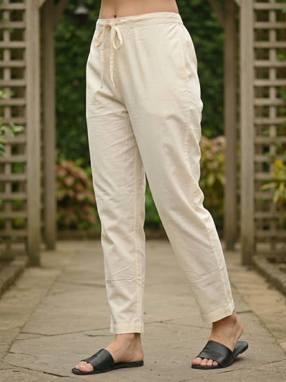 Floral Block Printed Anarkali Kurta with Pant & Dupatta - Cream