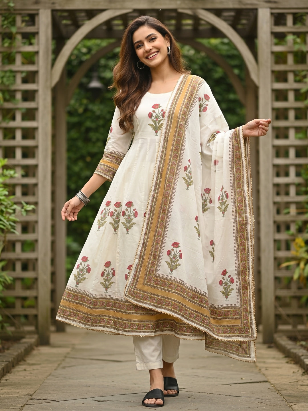 Floral Block Printed Anarkali Kurta with Pant & Dupatta - Cream