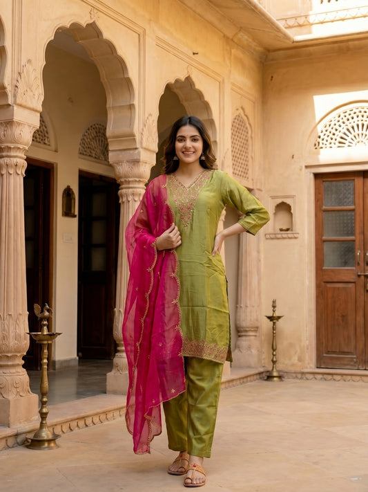Solid Embroidered Straight Kurta with Palazzo & Organza Dupatta - Green