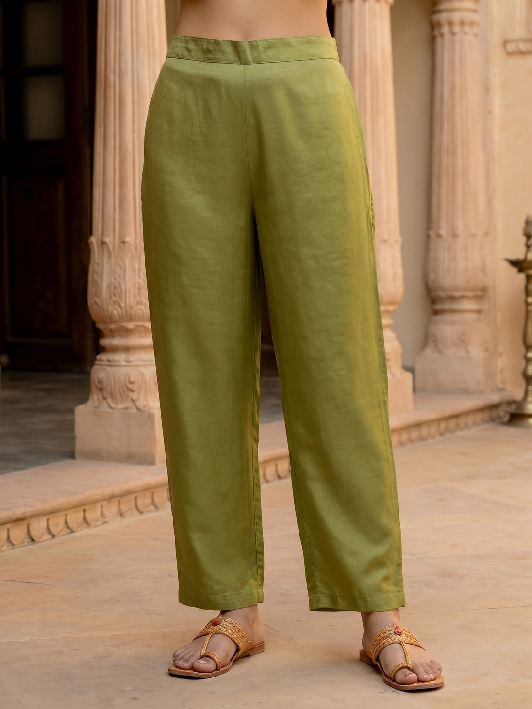 Solid Embroidered Straight Kurta with Palazzo & Organza Dupatta - Green